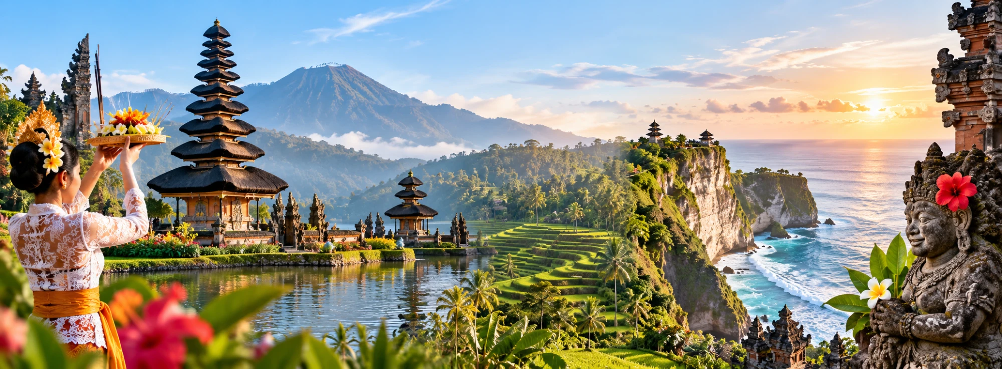 Bali temples, rice terraces and coastline at sunrise